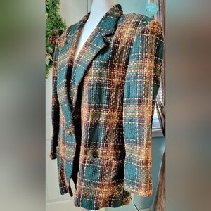 80s 90s Vintage Tweed Plaid Blazer Women's L Green Yellow Wool Blend Oversized